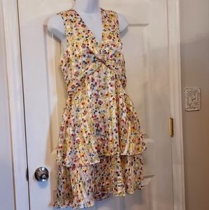 Banana Republic Floral Pleated Ruffle Dress White/Yellow Deep V 8 NWT